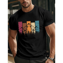 Retro Style Men'S Short-Sleeve T-Shirt Featuring Mountain And Tree Patterns, Perfect for Casual Daily Wear