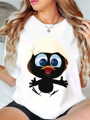 Women's Cute Duckling Eggshell Print T-Shirt Round Neck Casual & Wear with Duck Swimming Design, 100%Cotton Women Clothing