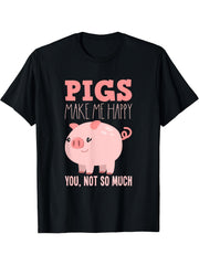 Pigs Make Me Happy You Not So Much Cute Cartoon Pig Graphic Short Sleeve T-Shirt, Unisex Crew Neck Cotton Tee, All Season Farm Animal Top, Novelty Gift For Pig Owners And Farm Fans