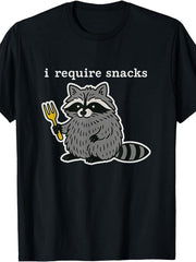 I Require Snacks Raccoon T-Shirt Funny Crew Neck Tee with Stylish Print Casual & Comfortable Travel Clothing for Fashion Enthusiasts Ideal