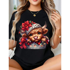 Funny Christmas Highland Cow Shirt, Coquette Christmas Highland Cow T-Shirt, Plus Size Women's Vibrant Farmer Christmas Tee, Merry Christmas Heifers Top, Cow Animal Lover Xmas Gift