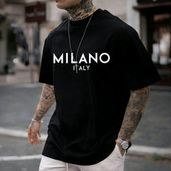 Unisex Men's Letter Print Drop Shoulder Short Sleeve Tee, Regular Fit Casual Round Neck Stretch T-Shirt For Summer, Menswear Top For Daily Wear