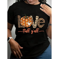 Women's Funny Thanksgiving Graphic T-Shirt - White,Black Crew Neck Tee With Pumpkin & Autumn Leaves Design - Non-Stretch Casual Shirt For Thanksgiving, Halloween, Easter, Mother's Day Gifts