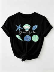 Beach Vibes Graphic T-Shirt - Casual White Tee with Rolled-Up Sleeves, Colorful Sea Creatures Design Including Starfish and Shells, Perfect Summer Top