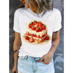 Strawberry Cake Printed T-Shirt, Y2K Style Tee, a Shirt for Dessert Lovers, Baking T-Shirt, a Gift for Strawberry Cake Enthusiasts