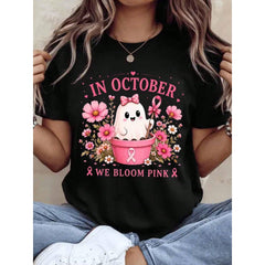 In October We Bloom Pink Breast Cancer Awareness Shirt Cute Ghost Flower Graphic Tee Women Fall Halloween Support Charity Top,220g