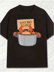 Funny Cartoon Crab Cooking Pot Graphic Short Sleeve T-Shirt, Unisex Crew Neck Cotton Tee, All Season Casual Humour Top, Novelty Gift For Seafood Enthusiasts And Food Lovers