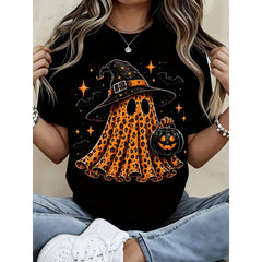 Women's Halloween Leopard Ghost T Shirt Witch Hat Pumpkin Print Tee Orange Black Short Sleeve Casual Top Fall Party Outfit