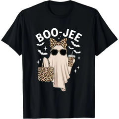 Boo-Jee Ghost Unisex Cotton T-Shirt, Leopard Ghost Tee,Coffee Funny Fall Shirt, Girly Halloween Gift