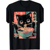 Cute Cat Eating Ramen Anime T-Shirt Japanese Kawaii Noodle Lover Graphic Tee Ramen Bowl Kitten Design Unisex Summer Casual Top Soft Cotton Crew Neck Vintage Style