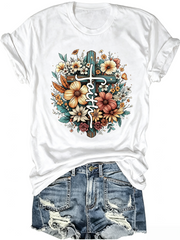 Faith T-Shirt Christian Cross Floral Tee For Women