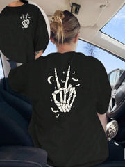 Printed T-shirt, Skull Hand Gesture, Halloween Pattern Women's Crew Neck Casual Short Sleeve, Trendy Fashion Casual Style, Women's Double-sided Print Top
