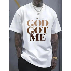White Short-Sleeved Men's Graphic T-Shirt - 'GOD GOT ME' Bold Gradient Print with Crown Emblem, Casual Style, Ideal for Casual Attire