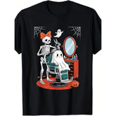Funny Skeleton Barber Hairstylist Graphic T-Shirt Spooky Hairdressing Design Halloween Christmas Gift for Hairdresser Unisex Summer Casual Top Soft Cotton Crew Neck Vintage Style