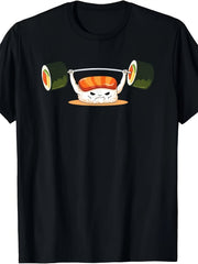 Funny Cute Weightlifting Salmon Sushi Graphic T-Shirt, Unisex Soft Cotton Crew Neck Top, All Season Funny Gym Tee, Casual Workout Outfit for Fitness Fans and Japanese Sushi Lovers