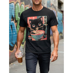 Cute Cat Eating Ramen Anime T-Shirt Japanese Kawaii Noodle Lover Graphic Tee Ramen Bowl Kitten Design Unisex Summer Casual Top Soft Cotton Crew Neck Vintage Style