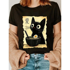 100% Cotton Funny Cat Ramen Graphic Tee Japanese Kawaii Anime Cat T-Shirt Casual Short Sleeve Shirt