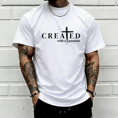 Men’s "Created with a Purpose" Christian graphic T-shirt, cross faith quote print tee, casual crew neck, perfect for church outfits, faith wear, and streetwear.,summerwins,father'sdaygifts