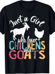 Just A Girl Who Loves Chickens Goats Farmer Graphic Tee for Men Women, Cute Farm Animal Short Sleeve T-Shirt, Casual Crew Neck Top for Country Style Gift
