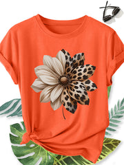 Women'S Elegant Style Plus Size Short Sleeve, Half Leopard Print Half Solid Dahlia Pattern Round Neck Comfortable