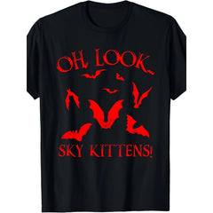 Oh Look Sky Kittens Funny Bat Lover Gothic Horror Halloween T-Shirt Cute Spooky Bat Silhouette Graphic Tee Unisex Summer Casual Top Soft Cotton Crew Neck Vintage Style