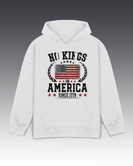 DIYANYONE Original Patriotic "NO KINGS IN AMERICA" Hoodie - Heavyweight Cotton Blend Pullover, Distressed US Flag Vintage Americana Hoodies