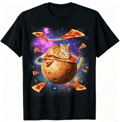 100% Cotton Funny Galaxy Cat In Space Cat Riding Pizza T-Shirt Casual Novelty Cotton Apparel for Men Women Graphic Tee