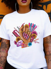 Floral Nail Polish Bottle Beauty Graphic Tee for Men Women, Cute Salon Nail Tech Short Sleeve T-Shirt, Casual Crew Neck Top for Nail Artist Gift
