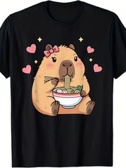 Adorable Capybara Ramen Noodles Graphic Tee for Men Women, Cute Kawaii Japanese Animal Short Sleeve T-Shirt, Casual Round Neck Top for Daily Summer Wear