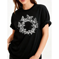 TShirt Casual Fashion Women'S Crew Neck T-Shirt Butterfly Floral Design Summer