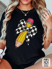 Women's Teacher T-Shirt - Soft Breathable Black Crew Neck Top With Yellow Pencil Print & Checkered Bow Tie Design, Daily Educational Wear, Machine Washable, All-Season Comfort Fit