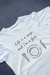 DIYANYONE Original "Life is a Soup" Cotton T-Shirt - Funny Cold Joke Pun Graphic Tee, Quirky Minimalist Humor Style