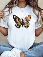 Women's Leopard Print Butterfly T-Shirt - Short Sleeve Crew Neck Blouse, Spring Summer Casual Elegant Top with Leopard-Patterned Wings, Daily Wear & Versatile Outfits (Leopard Wings)