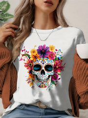Casual Women'S T-Shirt, Halloween Print Round Neck Short Sleeve Top Flower and skull graphic T-shirt Halloween Gift,Women Clothing