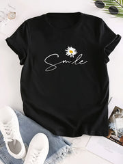 Spring And Summer Women'S Casual Short-Sleeve T-Shirt with Floral And Letter Print Round Neck Design.