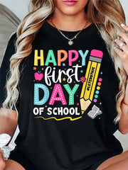 A Women'S Casual Round-Neck T-Shirt for The Back-To- Season, Featuring a Pencil And Colorful Letter Design. It Has Short Sleeves, Is Machine Washable, Suitable for All Seasons, And Is a Regular Fit