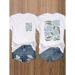 Retro Blue Floral Print Double-Sided T-Shirt