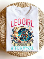 Women’s Leo Girl Lion Moon Zodiac Graphic Short Sleeve T-Shirt, Fire Sign Astrology Sarcastic Crew Neck Casual Top For Leo Birthday Gift