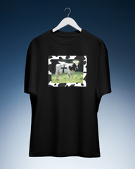 DIYANYONE Surreal Meme T-Shirt: Holy Cow Angel with Black Cross | Divine Bovine Religious Satire & Cow Print Aesthetic Tee