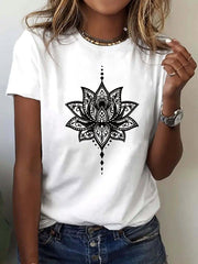 Lotus Petals Graphic Print T-Shirt, Short Sleeve Crew Neck Casual Top for Summer And Spring, Women'S Clothing