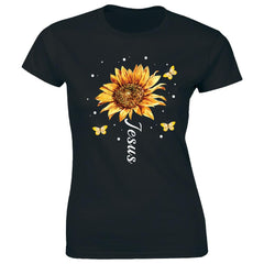 Jesus With Sunflower And Butterflies Cute Christian Religious Unisex Tee