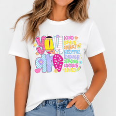 Women's Inspirational T-Shirt With "You Are Brave Smart Helpful Enough Strong Unique Loved" Positive Affirmations , Colorful Motivational Lettering & Striped Pattern, Teacher's Day Birthday Gift
