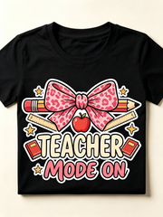 Teacher Mode On T-Shirt Coquette Pink Leopard Bow Pencil Tee Back to School Teacher Gift