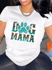 Women's Dog Mama Graphic T‑Shirt, Leopard Turquoise Dog Paw Print Short Sleeve Crew Neck Casual Tee