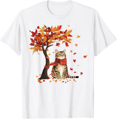 Cat Leaf Fall Tree Hello Autumn Thanksgiving Unisex T-Shirt
