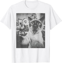 Funny AI Siamese Cat Selfie with Santa Claus Christmas Meme T-Shirt
