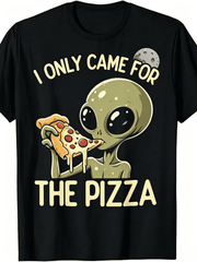 Alien Pizza Lover Graphic T-Shirt – Black Short-Sleeve Crew Neck Summer Style, Fun Casual Essential, Humorous Pizza Alien Print T-Shirt