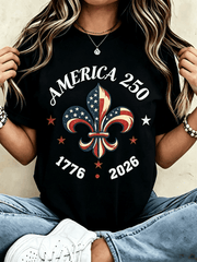 America 250th Anniversary Graphic T-Shirt, 1776-2026 Vintage USA Flag Fleur De Lis Star Patriotic Print Short Sleeve Tee, Casual White Top for Women Men US Independence Celebration
