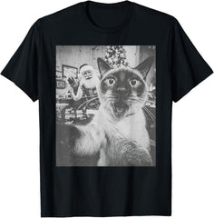 Funny AI Siamese Cat Selfie with Santa Claus Christmas Meme T-Shirt