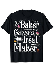 Baker Caker Treat Maker Funny Baking Graphic Tee for Men Women, Pastry Chef Cupcake Baker Short Sleeve T-Shirt, Casual Crew Neck Top for Baker Birthday Gift
